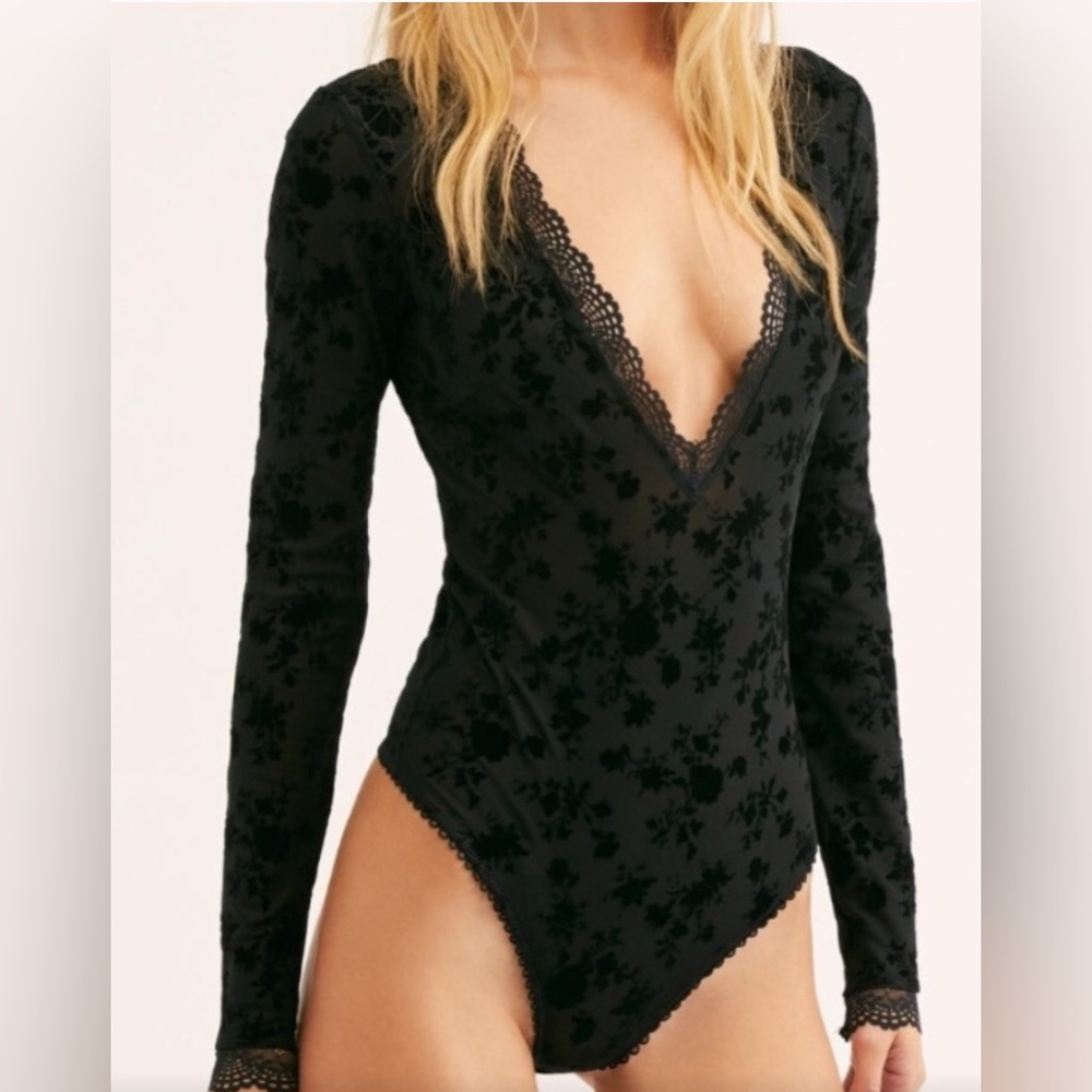 Free People Intimately Black Lace Burnout Bodysuit
